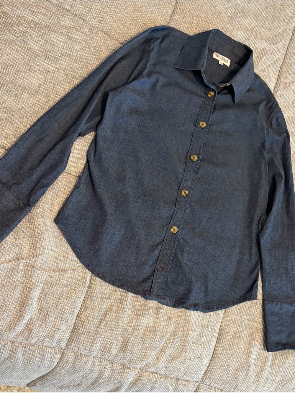 Dark Navy Denim like Long-Sleeve Button-Down Shirt